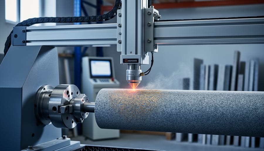 Four-axis laser engraving machine etching a cylindrical granite column on a rotary axis, with the laser head moving along rails in a professional stone workshop.