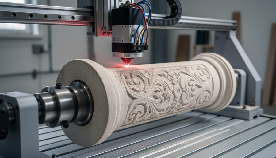 4-axis laser engraver machine engraving detailed pattern into rotating marble column