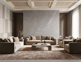 Wide shot of a contemporary living room with a tall honed stone wall, fabric-wrapped acoustic panels on the adjacent wall, upholstered sofa and chairs, and a large area rug covering most of the stone floor, lit by soft daylight with a coffered ceiling in the background.