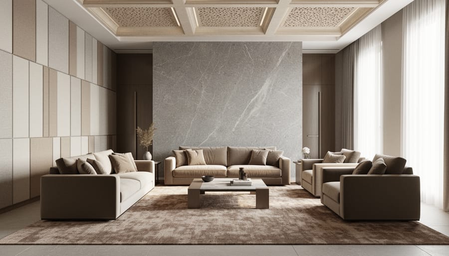 Wide shot of a contemporary living room with a tall honed stone wall, fabric-wrapped acoustic panels on the adjacent wall, upholstered sofa and chairs, and a large area rug covering most of the stone floor, lit by soft daylight with a coffered ceiling in the background.