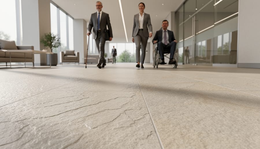Textured granite stone flooring in commercial building lobby showing slip-resistant surface