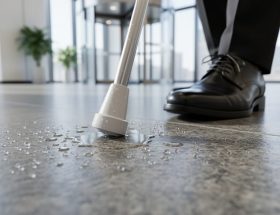 Low-angle close-up of textured granite floor with water droplets as a rubber-soled shoe and white mobility cane tip step securely in a modern lobby, with blurred glass doors and plants in the background.