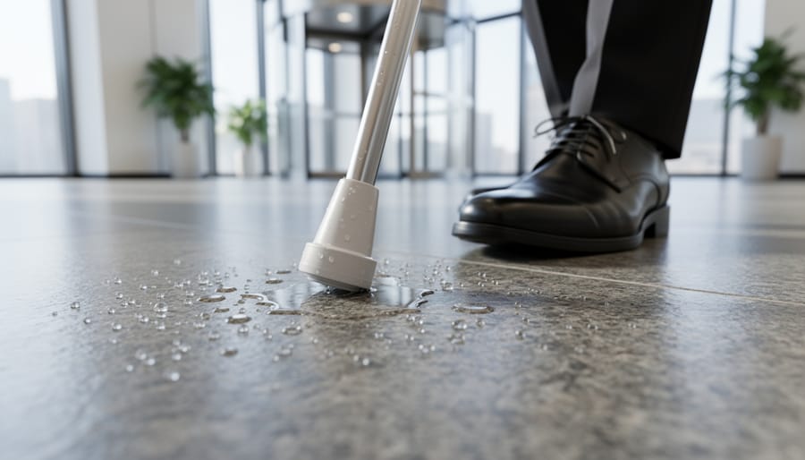 Low-angle close-up of textured granite floor with water droplets as a rubber-soled shoe and white mobility cane tip step securely in a modern lobby, with blurred glass doors and plants in the background.