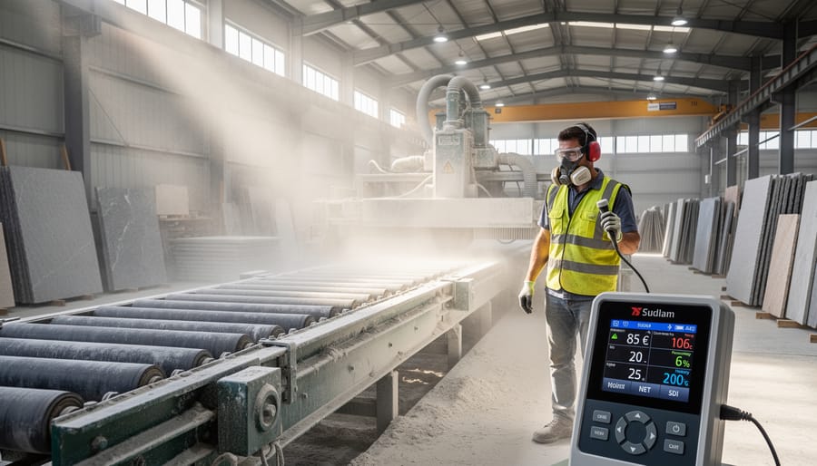 Fine stone dust particles visible in beam of light inside fabrication facility