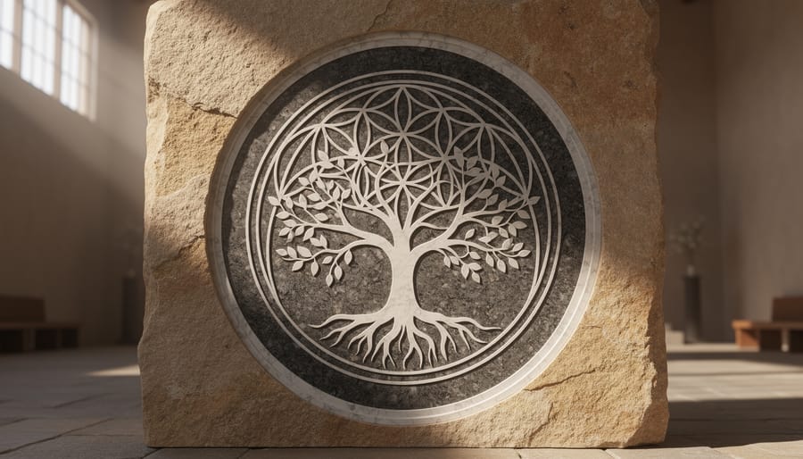 Carved sacred geometry mandala with inlaid Tree of Life on a natural stone wall, lit by side sunlight, showing marble and dark granite textures with a softly blurred sanctuary interior behind.