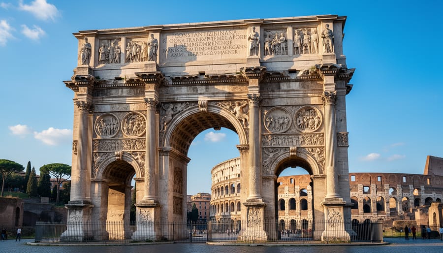 Arch of Constantine in Rome showing reused sculptural reliefs and columns from different periods
