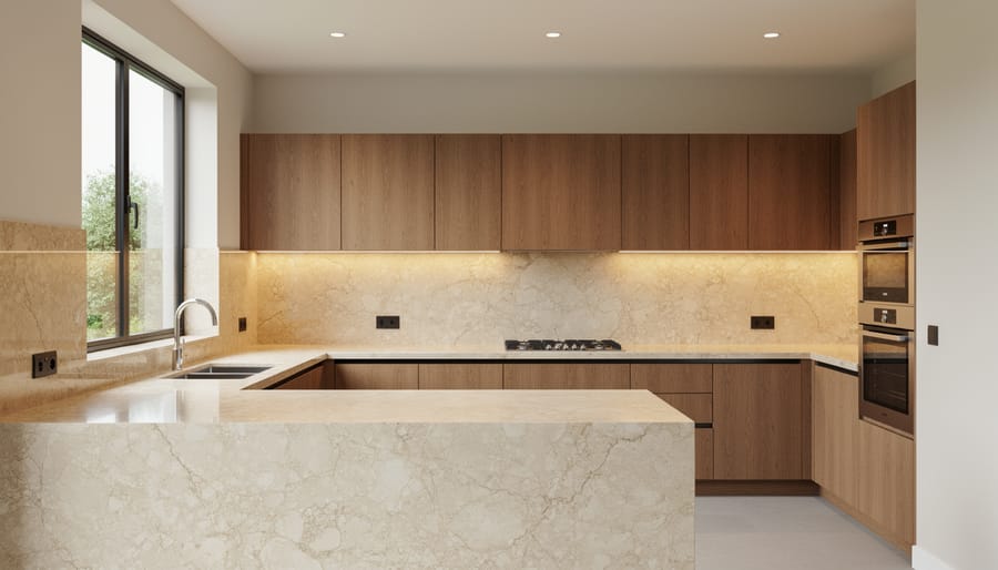 Beige marble countertops in kitchen with wood cabinetry showing natural and artificial lighting effects