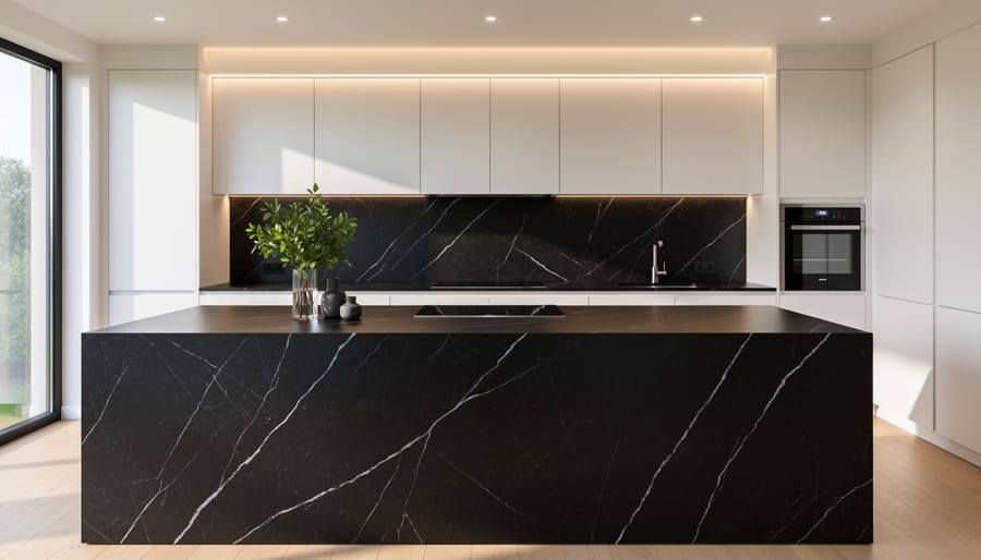 Black marble countertop with dramatic white veining and modern fixtures
