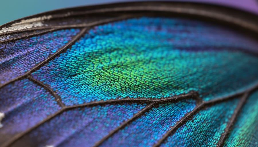 Extreme close-up of blue morpho butterfly wing showing iridescent microscopic scale structure