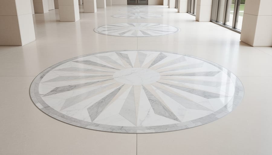 Overhead view of circular marble floor medallion with concentric rings in modern atrium