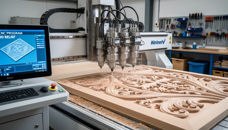 CNC router carving detailed decorative pattern into marble surface