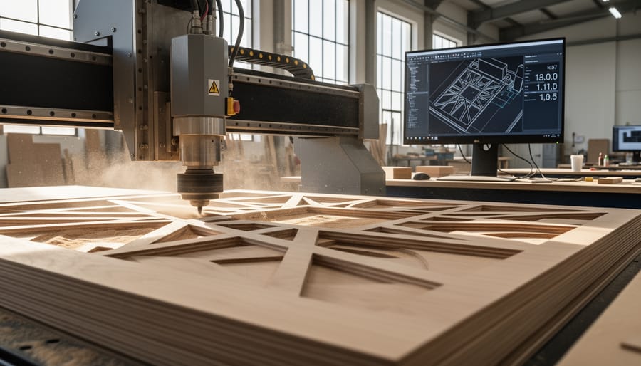 CNC machine cutting precise edge profile on granite slab in fabrication shop