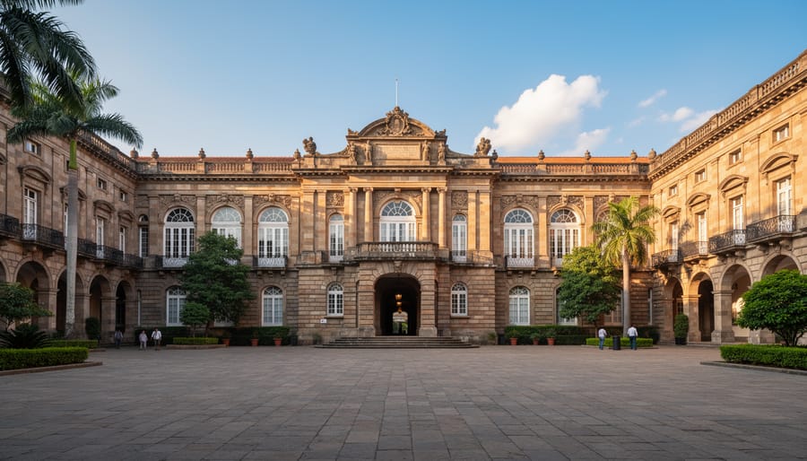 Colonial-era government building with ornate stone facade featuring Indian sandstone and marble