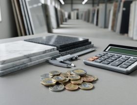 Close-up of marble and granite samples on a designer’s desk with U.S. dollar and euro coins, calculator, and caliper, with a blurred stone warehouse in the background, illustrating exchange-rate effects on natural stone costs.