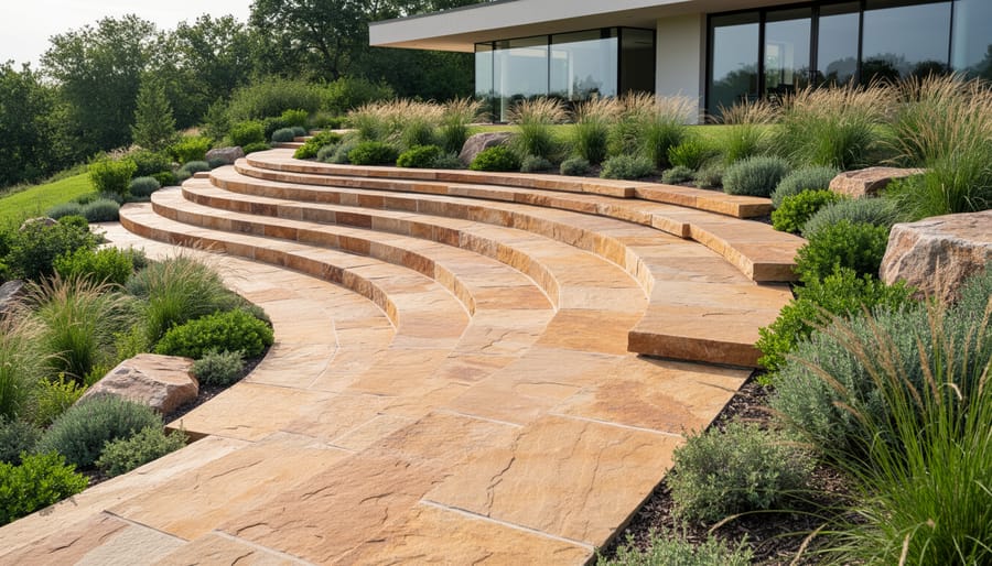 Wide view of curved limestone foundation flowing around landscaped garden bed at residential property