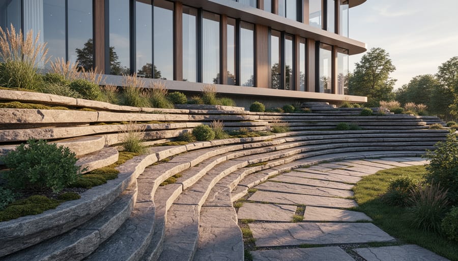 Modern home with curved natural stone foundation wrapping organically around the building base