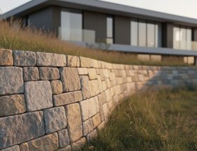 Curved limestone and fieldstone foundation wrapping a modern home at golden hour, sharp stone detail with softly blurred facade and native grasses in the background from a low ground-level perspective