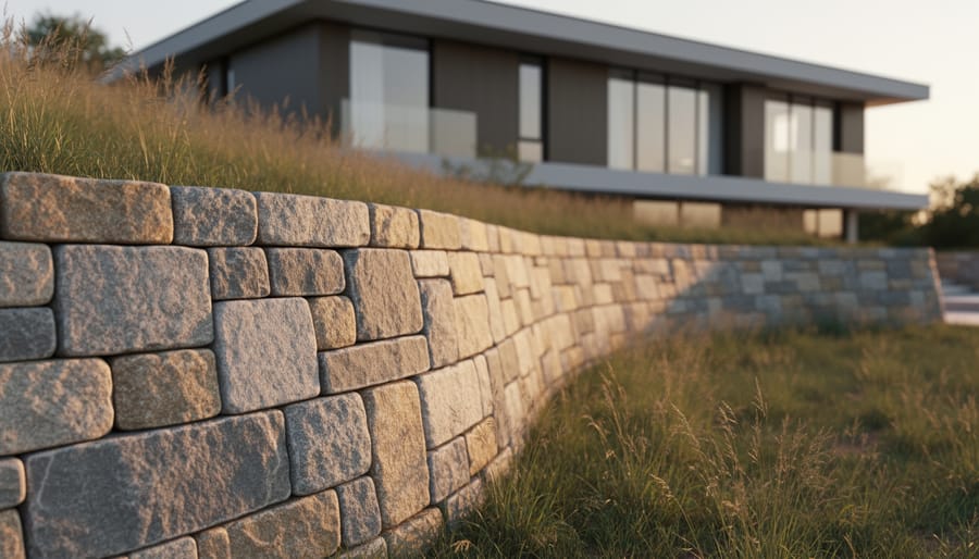 Curved limestone and fieldstone foundation wrapping a modern home at golden hour, sharp stone detail with softly blurred facade and native grasses in the background from a low ground-level perspective
