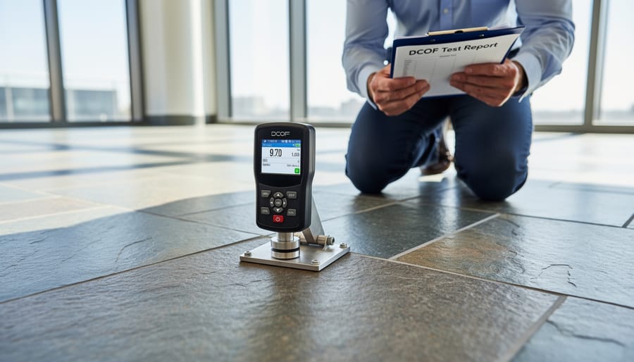 Tribometer testing device measuring slip resistance on stone floor surface