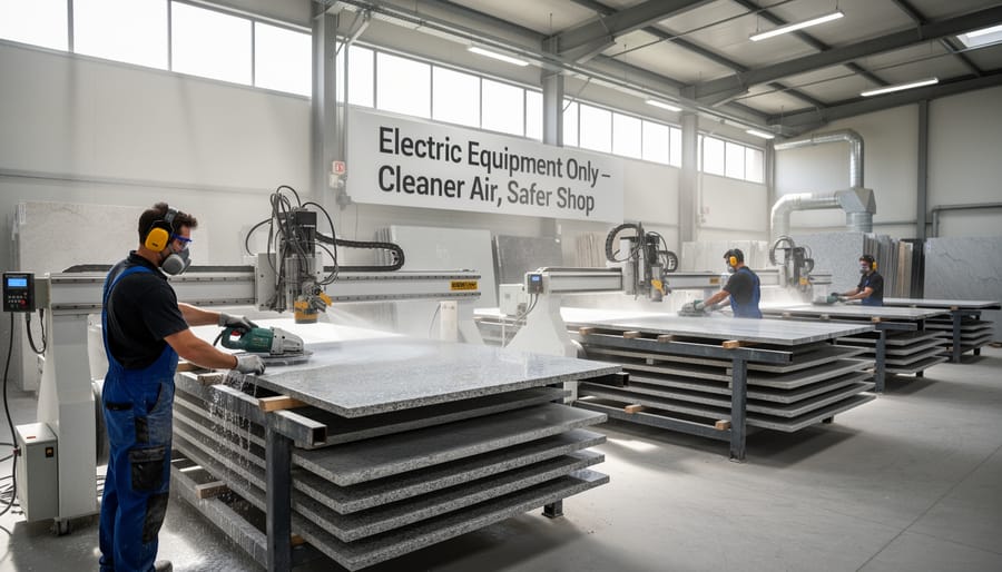 Electric forklift transporting stone slabs in modern fabrication facility