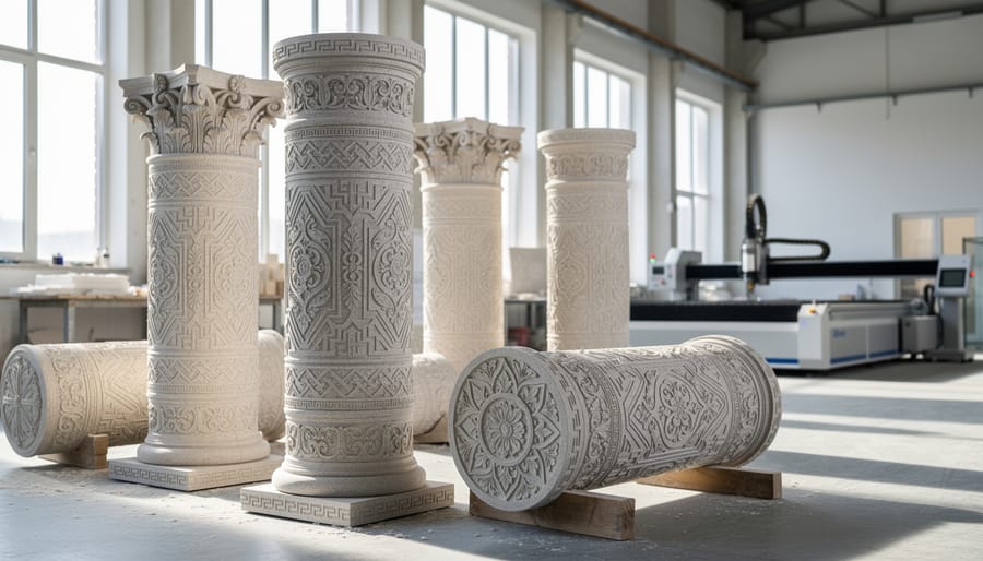 Ornately engraved granite baluster showing intricate wraparound decorative pattern