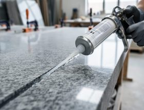 Close-up of hands using a dual-cartridge epoxy gun to apply clear adhesive along a polished granite seam, with clamps and stone workshop softly blurred behind.