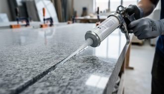 Close-up of hands using a dual-cartridge epoxy gun to apply clear adhesive along a polished granite seam, with clamps and stone workshop softly blurred behind.