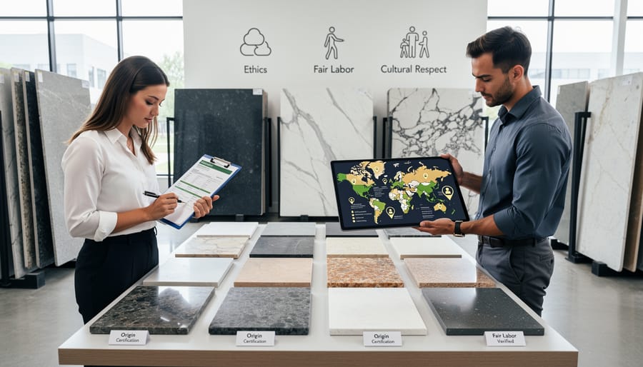 Architect reviewing stone samples and ethical sourcing certifications in modern showroom