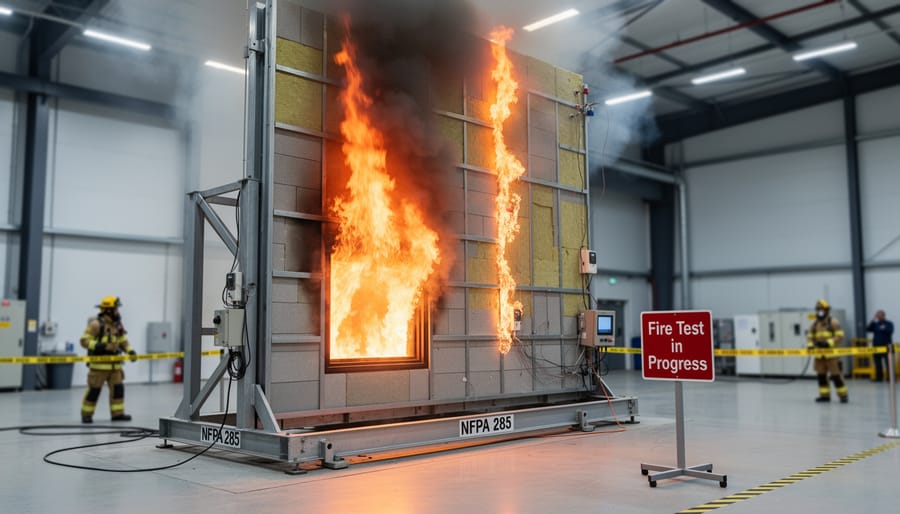 Flames emerging from window opening during exterior wall fire test on stone veneer facade