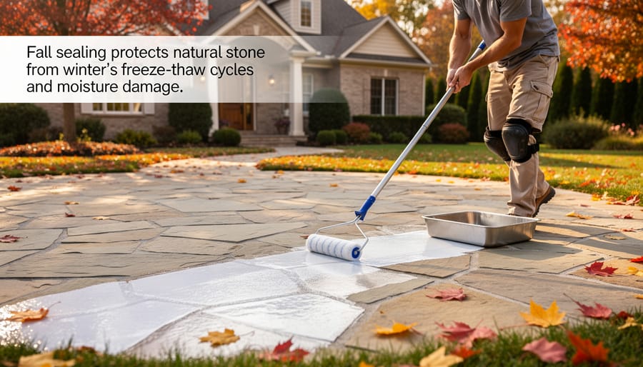 Person applying protective sealer to outdoor travertine stone patio in fall