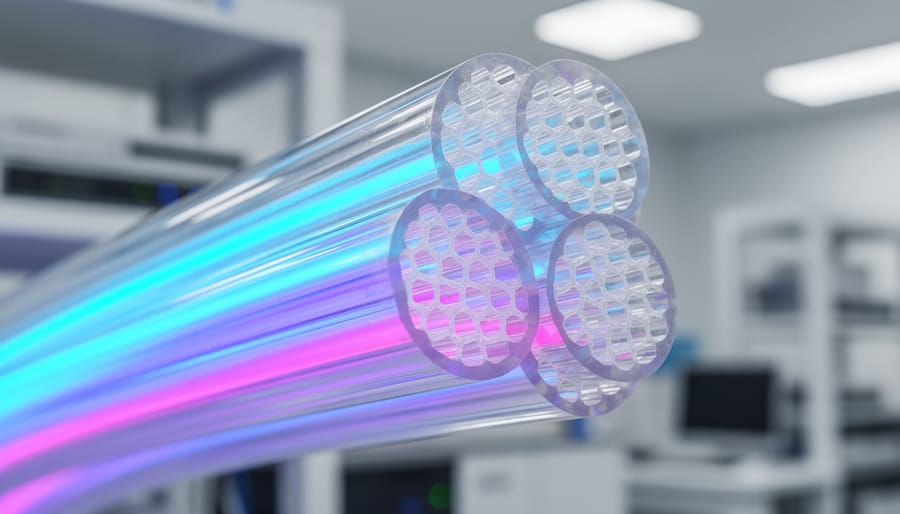 Illuminated fiber optic cables showing blue light transmission through glass fibers