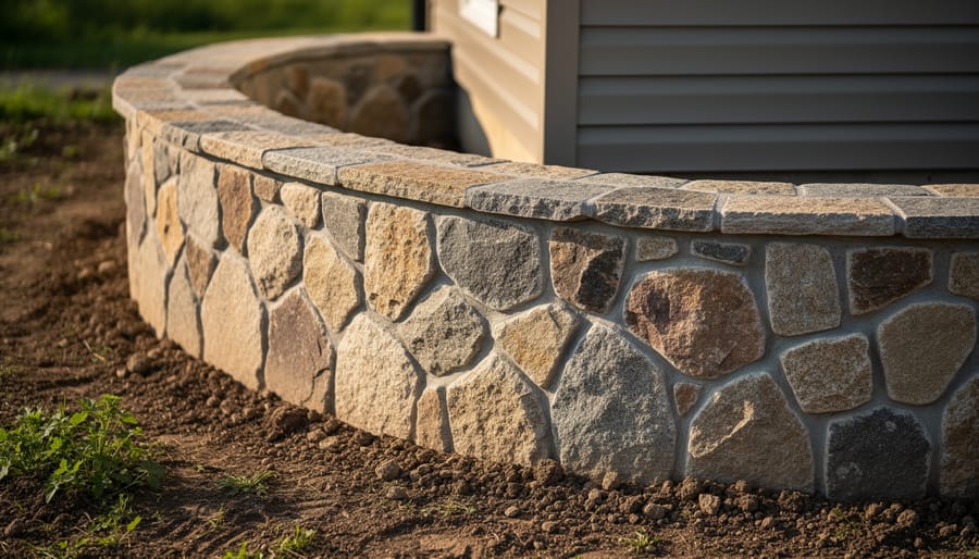 Close-up of irregular fieldstone arranged in curved pattern showing natural textures and flowing design