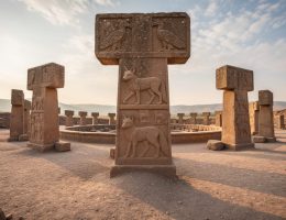 Low-angle wide view of T-shaped stone pillars at Göbekli Tepe with animal relief carvings, lit by golden hour sunlight, with additional stone circles and distant Anatolian hills in the background