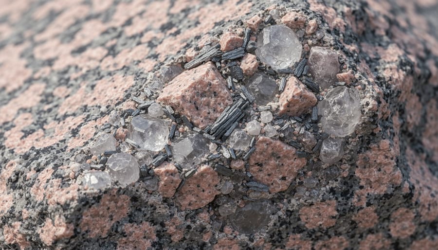 Close-up cross-section of polished granite showing interlocking crystalline mineral structure