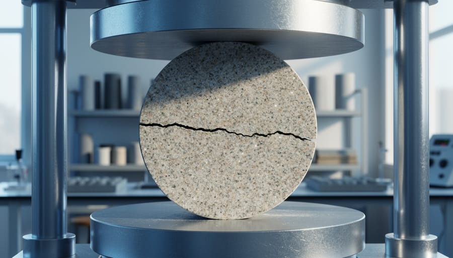 Close-up of a granite disc under compression in a hydraulic press, showing a faint tensile crack forming across the center, with a blurred laboratory background.