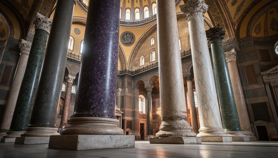Ancient porphyry columns reused in Hagia Sophia's Byzantine architecture