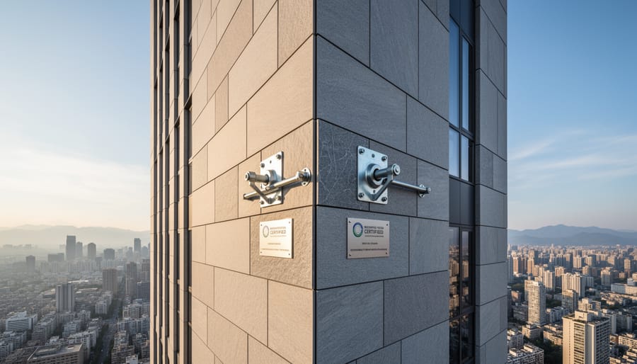 High-rise building with granite stone cladding in urban environment