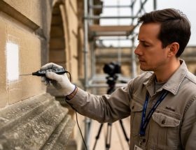 Conservator wearing gloves uses a handheld moisture probe on a weathered limestone facade with a small cleaned test patch, while scaffolding and a tripod-mounted camera are softly blurred in the background under overcast daylight.