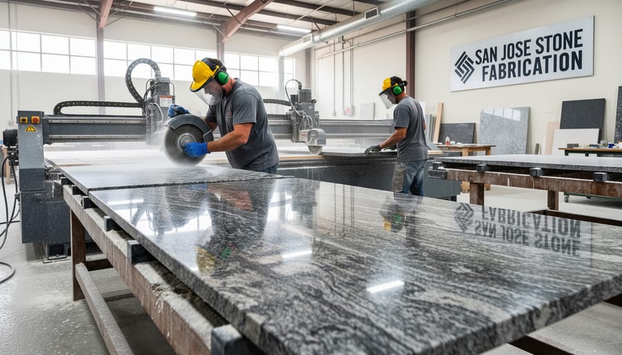 Stone fabricator measuring and marking granite slab in workshop