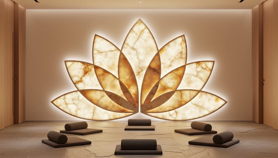 Backlit translucent onyx wall panel arranged in lotus petal pattern in meditation room