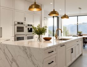 Luxury custom kitchen with marble waterfall island, rift-cut white oak cabinetry, paneled integrated appliances, and brushed brass fixtures under soft natural light, with a softly blurred open dining and living area and mountain view beyond.