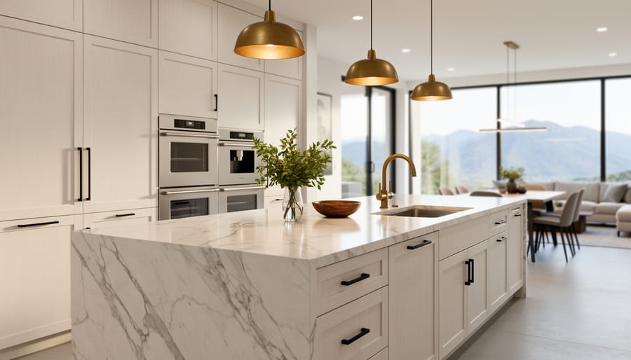 Luxury custom kitchen with marble waterfall island, rift-cut white oak cabinetry, paneled integrated appliances, and brushed brass fixtures under soft natural light, with a softly blurred open dining and living area and mountain view beyond.