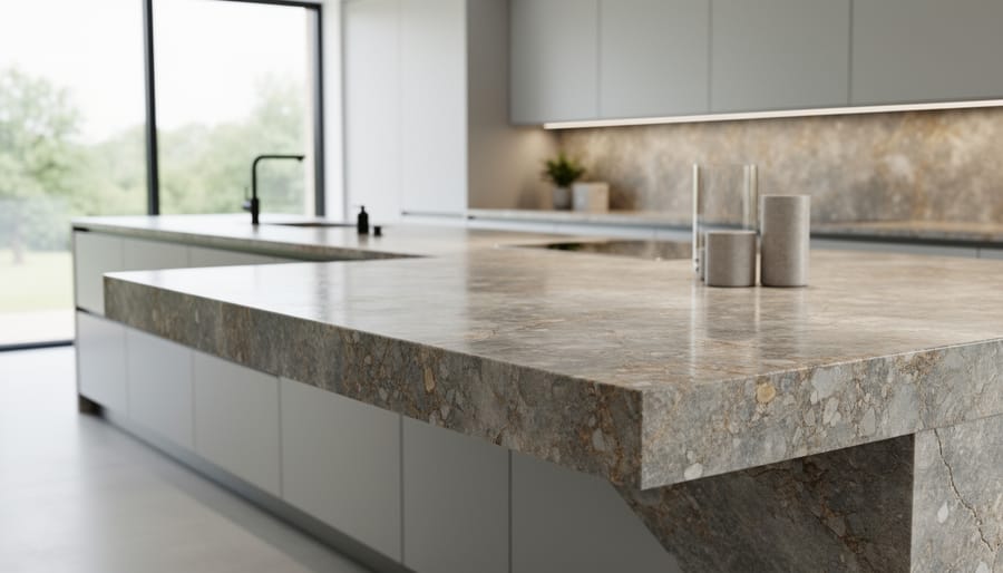 Modern kitchen featuring natural marble countertop with cantilevered overhang showcasing stone's structural strength