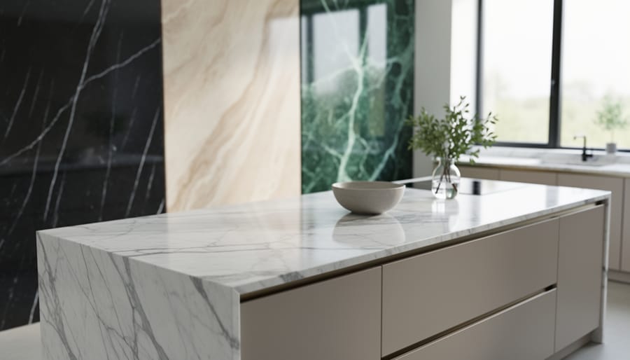 Modern kitchen island with white Carrara marble countertop and gray veining, with blurred background showing black, beige, and green marble slabs under natural daylight