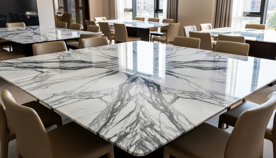 Modern dining table featuring book-matched Calacatta marble top with dramatic veining