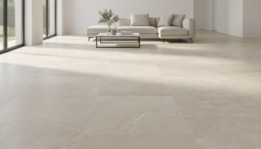 Modern living room interior with polished marble flooring and natural lighting