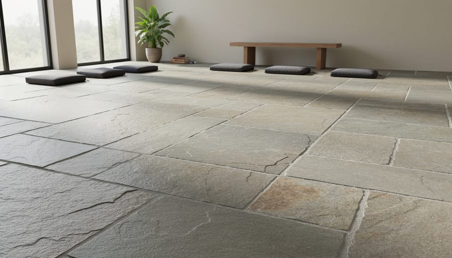 White marble floor with natural veining in a minimalist meditation space