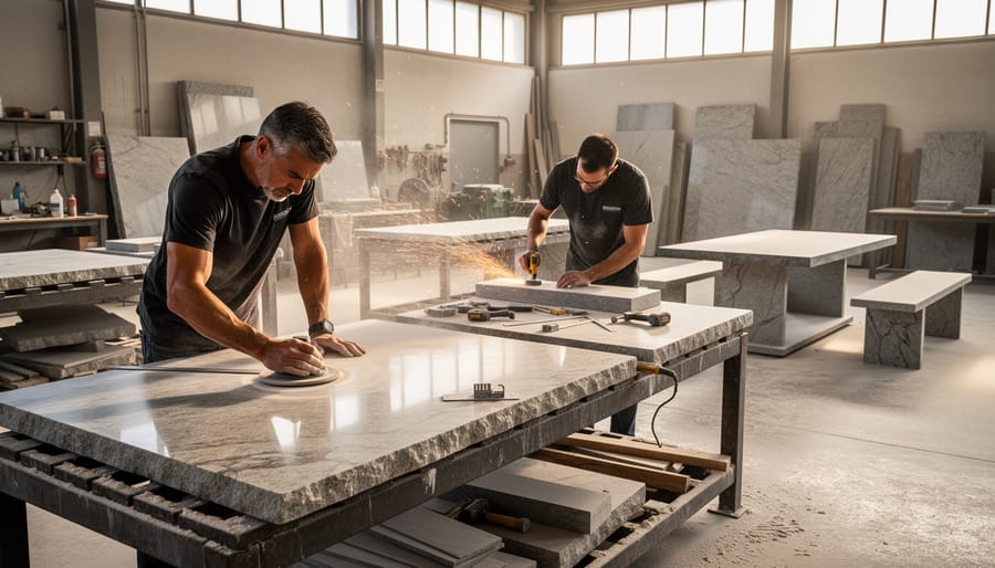 Fabricator's hands measuring marble slab with precision tools in workshop