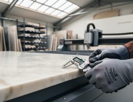 Close-up of gloved hands using digital calipers to measure the polished edge of a marble tabletop on a CNC workbench, with stone slabs and machinery softly blurred in the background.