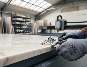 Close-up of gloved hands using digital calipers to measure the polished edge of a marble tabletop on a CNC workbench, with stone slabs and machinery softly blurred in the background.